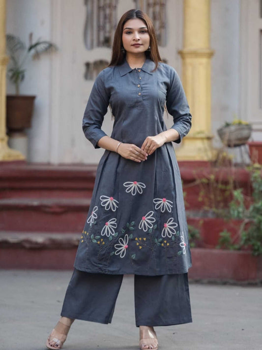 Charcoal Grey Cotton Floral Embroidery Collar Kurta Palazzo Set – Medium to 3XL