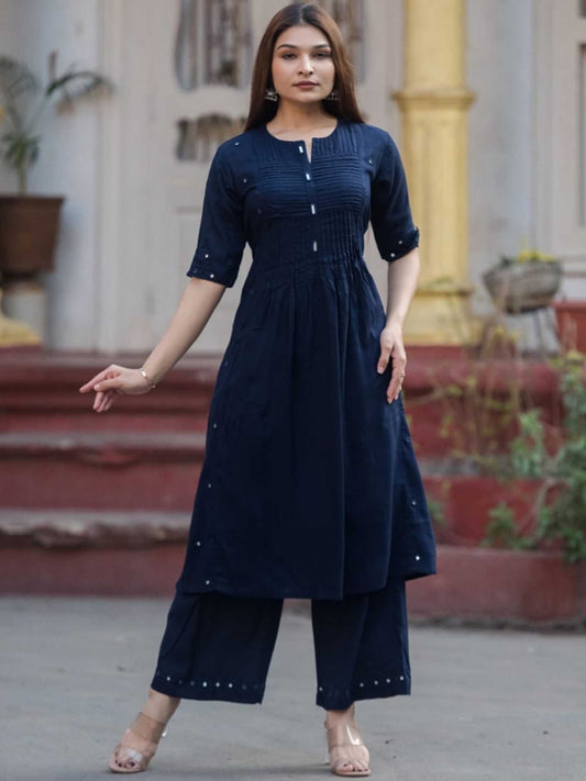Navy Blue Pure Cotton Pintuck Mirror Work Kurta Palazzo Se – Medium to 3XL