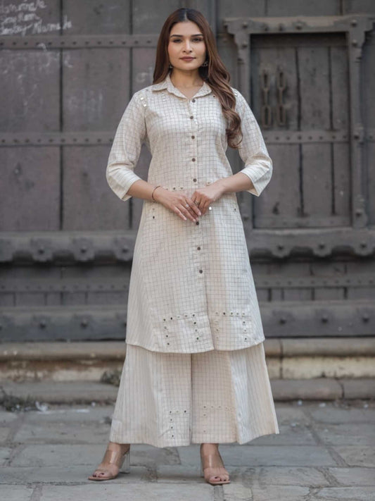 Off-White Khadi Cotton Grid Print Collar Kurta Palazzo Set – Medium to 3XL