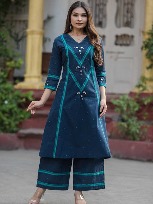 Teal Blue Pure Cotton Paneled Mirror Work Kurta Palazzo Set – Medium to 3XL
