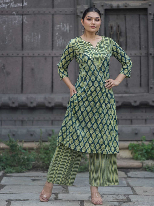 Lime Green & Indigo Blue Pure Cotton Leaf Print Kurta Palazzo Set – Medium to 3XL