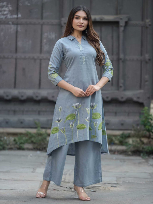 Powder Blue Cotton Lotus Print Asymmetric Collar Kurta Set – Medium to 3XL