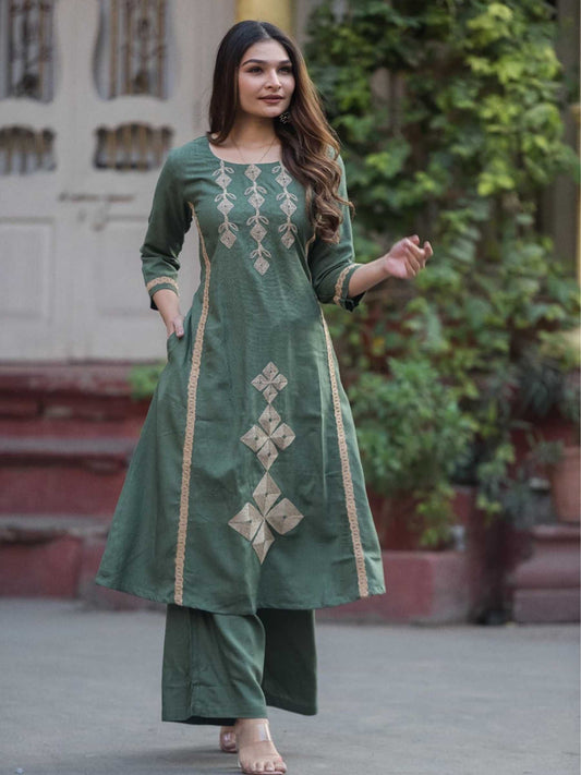 Olive Green Pure Cotton Geometric Applique Kurta Palazzo Set – Medium to 3XL