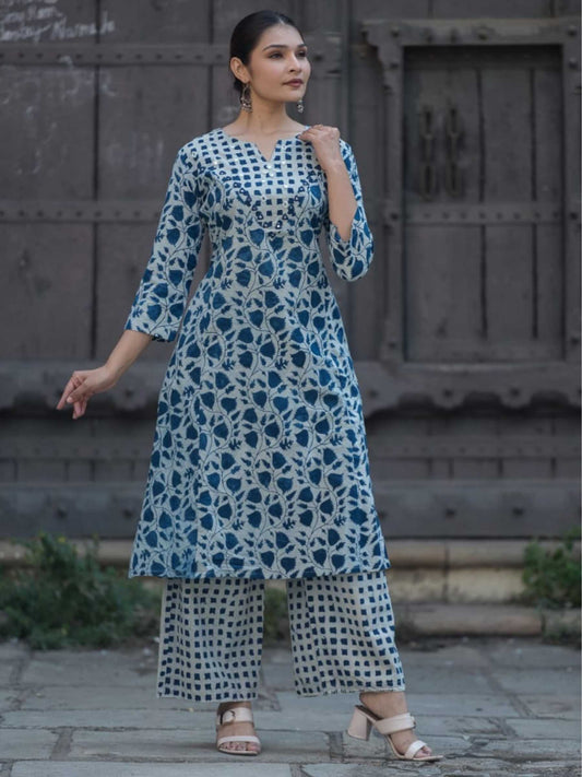 Indigo Blue & Ivory Pure Cotton Floral Jaal Print Kurta Palazzo Set – Medium to 3XL