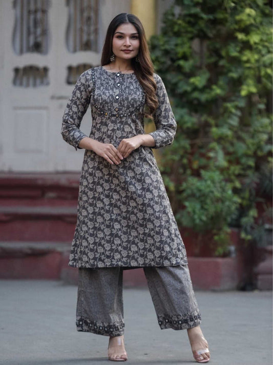Charcoal Grey Pure Cotton Pintuck Mirror Work Kurta Palazzo Set – Medium to 3XL