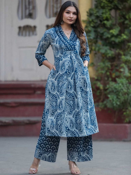 Indigo Blue Pure Cotton Paisley Print Kurta Palazzo Set – Medium to 3XL