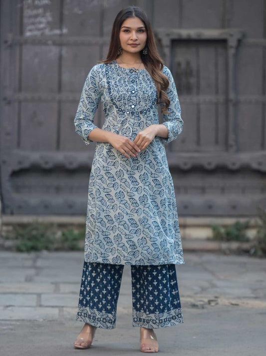 Light Blue Pure Cotton Pintuck Mirror Work Kurta Palazzo Set – Medium to 3XL
