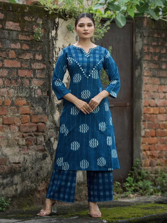Indigo Blue & Ivory Pure Cotton Ikat Dot Kurta Palazzo Set – Medium to 3XL