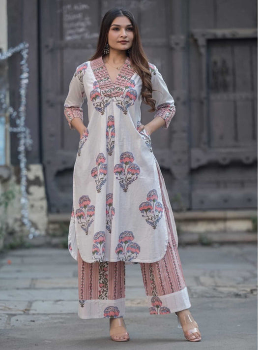 Off-White & Coral Pink Mughal Lotus Print Pure Cotton Kurta Set – Medium to 3XL