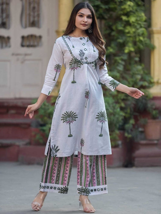 Ivory White & Olive Green Palm Tree Print Pure Cotton Kurta Set – Medium to 3XL