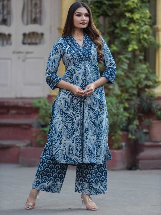Indigo Blue & Ivory Pure Cotton Paisley Jaal Kurta Palazzo Set – Medium to 3XL