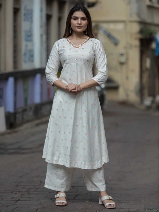 Off-White Chanderi Mukaish Work Kurta Palazzo Set – Medium to 3XL