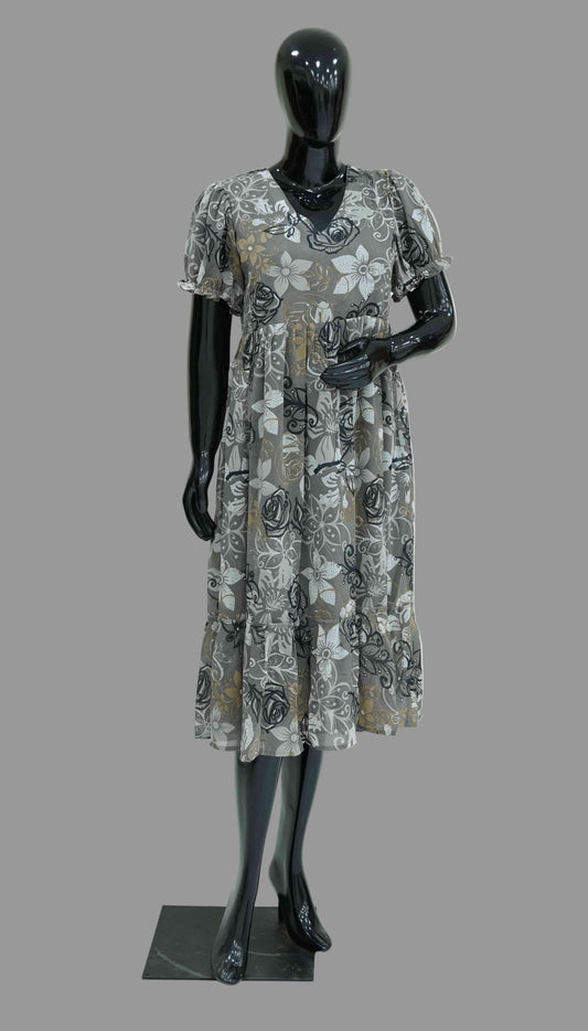 Gray Semi-Georgette Floral Frock for Women | Ethnic Elegance | Sizes M to 2XL – Sahitha Studio
