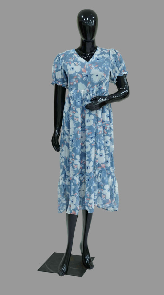 Light Blue Semi-Georgette Floral Frock for Women | Ethnic Elegance | Sizes M to 2XL – Sahitha Studio