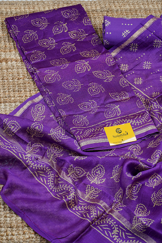 Purple Maheshwari Hand Block Printed Dress Material with Leaves Design, Gold Zari Border, and Purple Dupatta