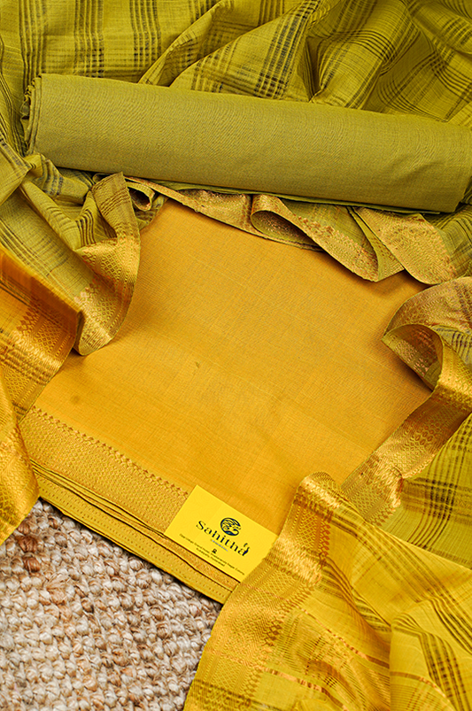 Mango Yellow Handloom Cotton Mangalagiri Dress Material with Dual Tone Zari Border and Green Checks Dupatta