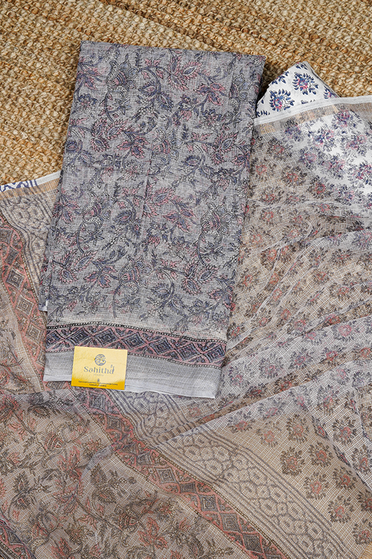 Powder Grey Handloom Kota Dress Material with Hand Block Printed Florals and Leaves Design and Cream Dupatta