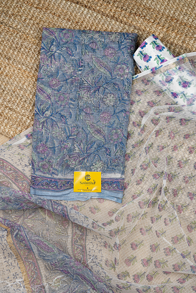 Sky Blue Handloom Kota Dress Material with Hand Block Printed Leaves Design and Cream Block Print Dupatta