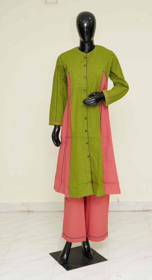 Green and Pink - Pure Cotton 2-Piece Dress Set – Medium to 2XL