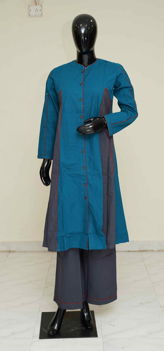 Cyan and Grey Pure Cotton 2-Piece Dress Set – Medium to 2XL