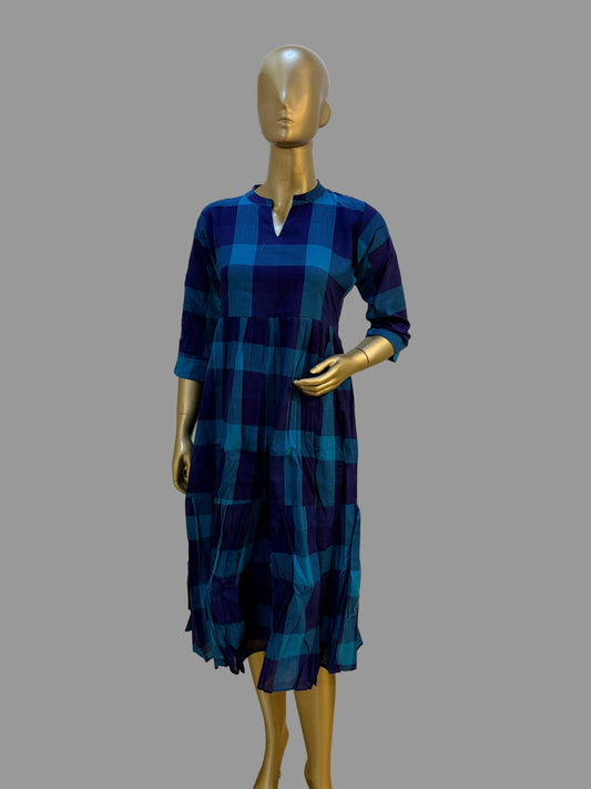 Blue Royal Checked Cotton Frock for Women