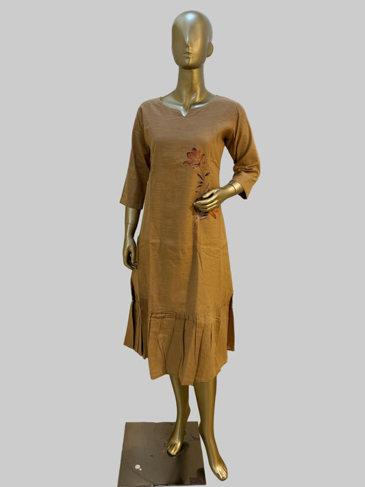 Beige Cotton Frock with Screen Print Floral Motif – M to 3XL