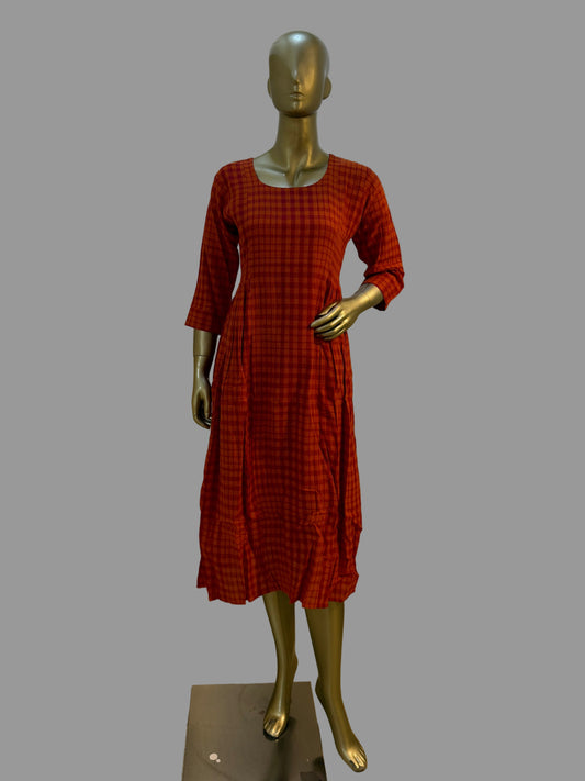 Orange Cotton Checks Frock – Medium to 3XL