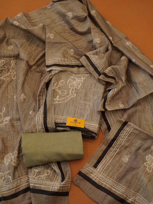 Light Grey Linen Cotton 3-Piece Dress Material with Ivory Thread Work