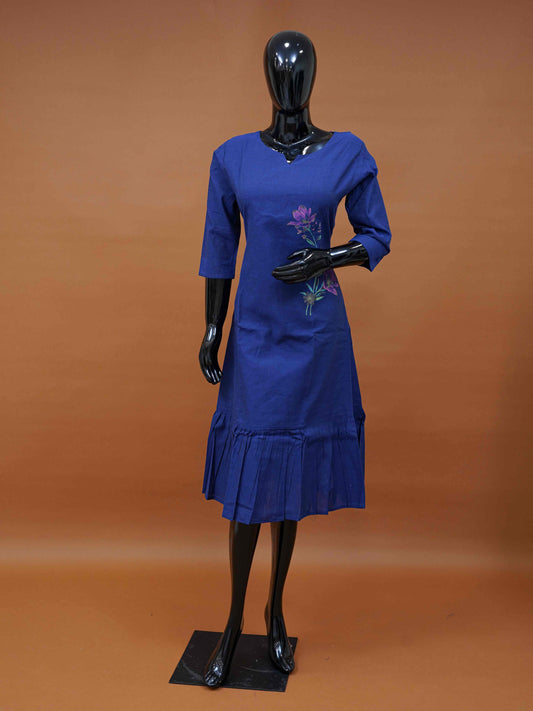 Blue Chanderi Frock with Screen Print Floral Motif – Medium to 2XL