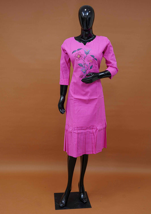 Pink Chanderi Screen Print Butti Frock – Medium to 2XL