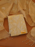 Handloomed Ivory & Cream Khadi Tussar Silk 3-Piece Dress Material with Woven Lotus & Bird Art