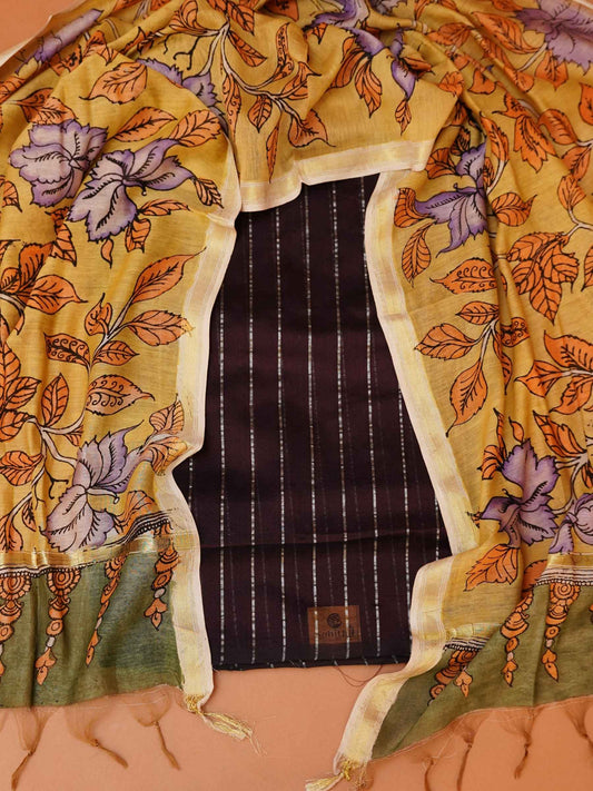 ure Paturu handloom dark brown striped dress material fabric with mustard yellow Kalamkari dupatta