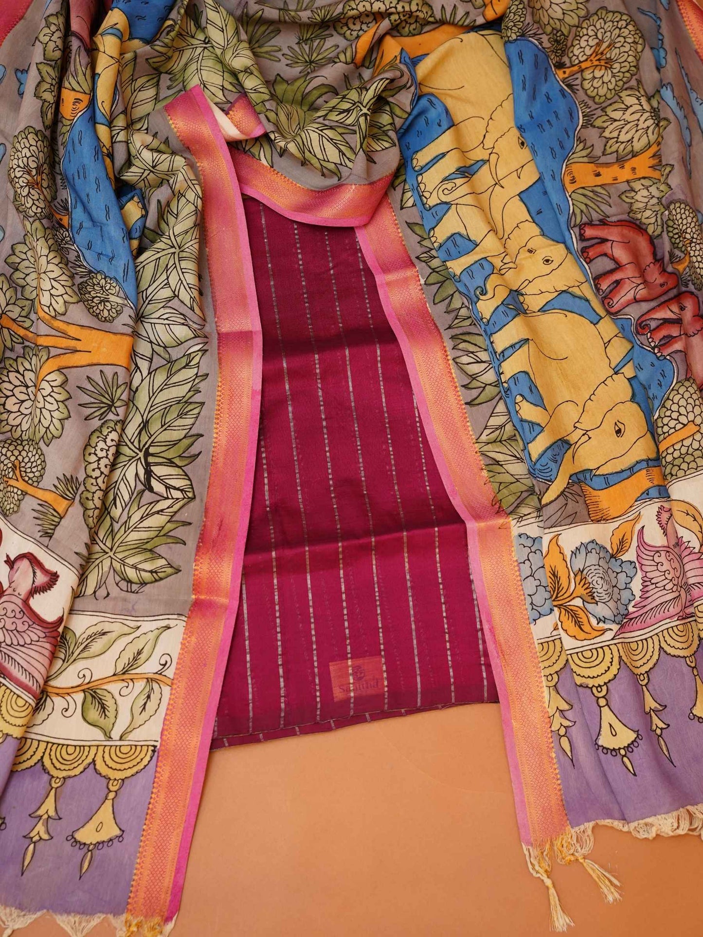 Unstitched Paturu handloom 2-piece suit set with handloom Pen Kalamkari elephant dupatta and pink zari borders