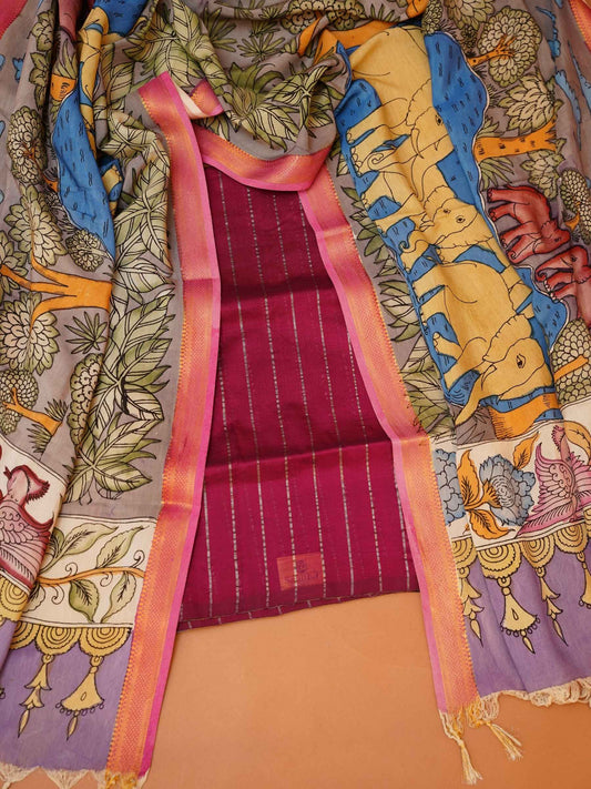 Unstitched Paturu handloom 2-piece suit set with handloom Pen Kalamkari elephant dupatta and pink zari borders