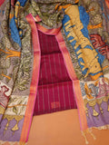 Unstitched Paturu handloom 2-piece suit set with handloom Pen Kalamkari elephant dupatta and pink zari borders