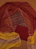 Crimson Maroon Jaipur Cotton 3-Piece Dress Material with Ajrakh Block Prints & Mirror Work