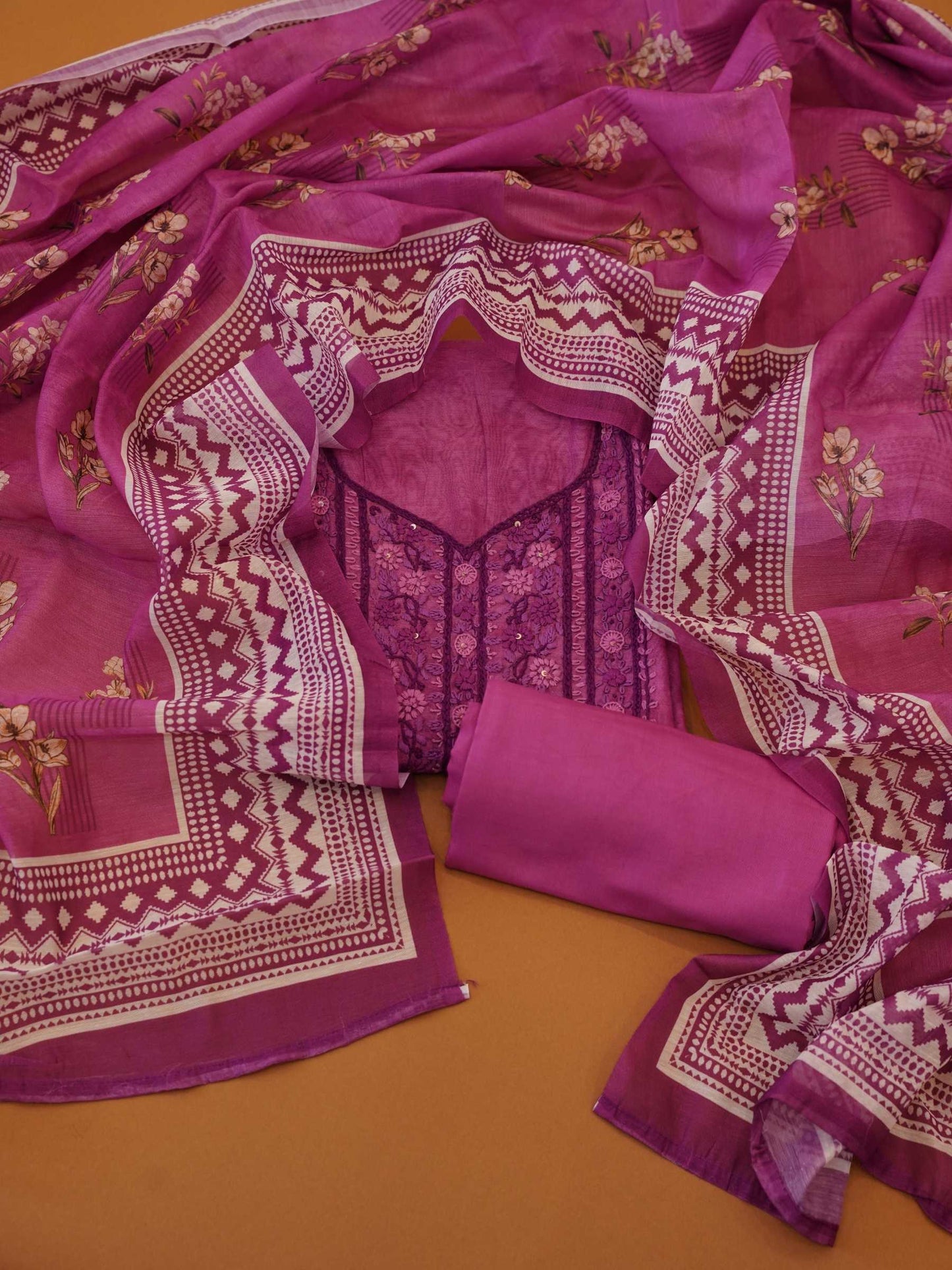 Orchid Pink Chanderi Silk 3-Piece Dress Material with Heavy Floral Thread Work