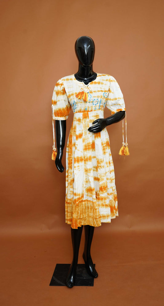 Ochre Orange Shibori Tie-Dye Embroidered Mul Cotton Anarkali Top – Premium Ethnic Tops (Medium - 2XL)