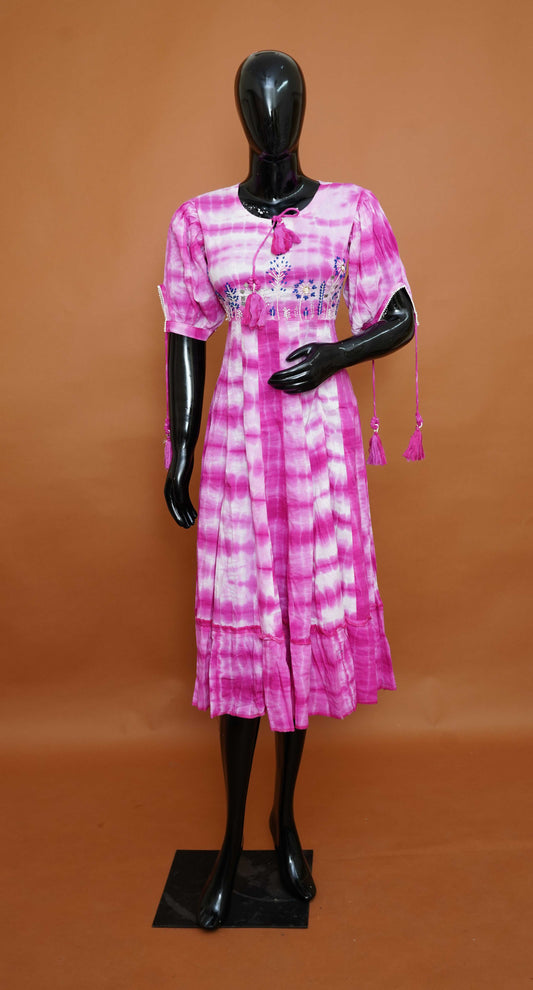 Fuchsia Pink Shibori Tie-Dye Embroidered Mul Cotton Anarkali Top – Premium Ethnic Tops (Medium - 2XL) (Copy)
