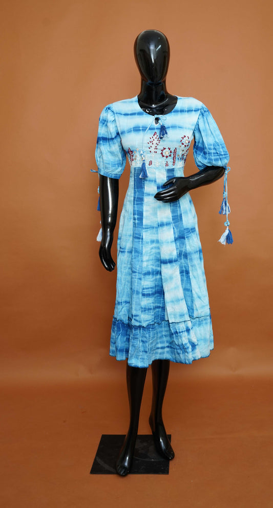 Sky Blue Shibori Tie-Dye Embroidered Mul Cotton Anarkali Top – Premium Ethnic Tops (Medium - 2XL)