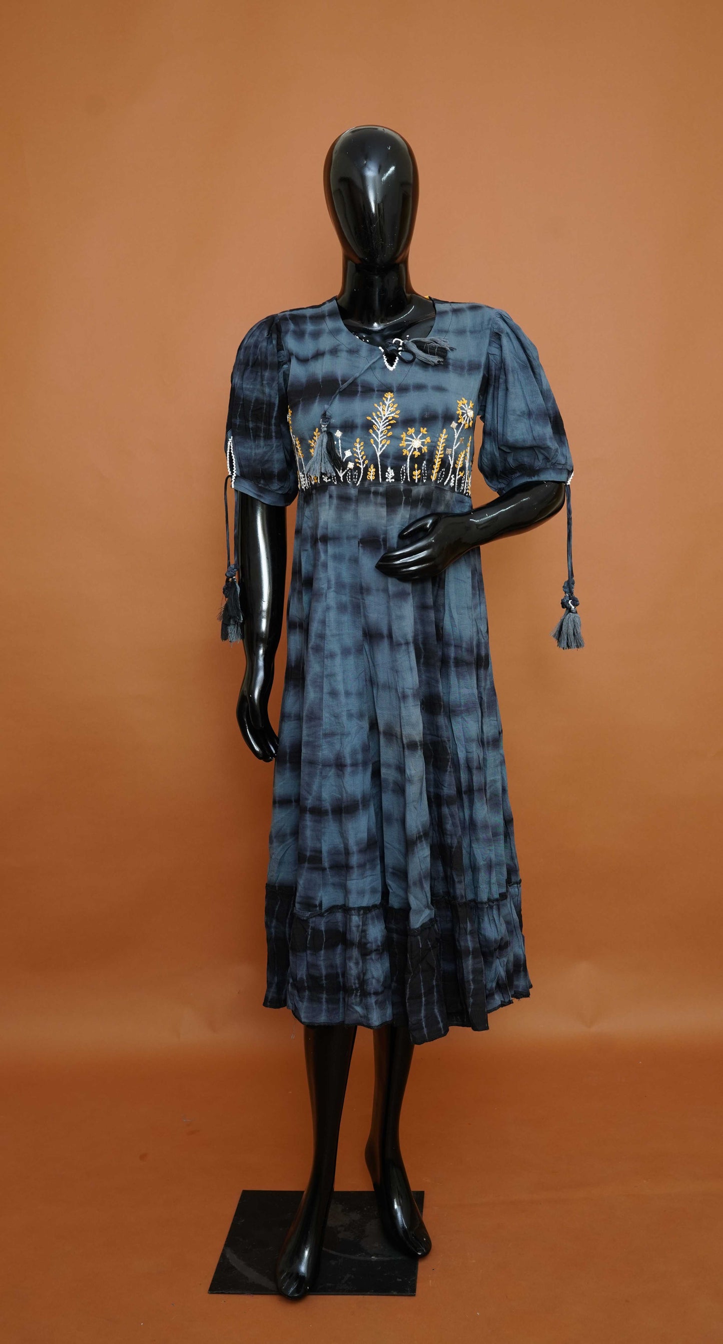 Slate Grey Shibori Tie-Dye Embroidered Mul Cotton Anarkali Top – Premium Ethnic Tops (Medium - 2XL)