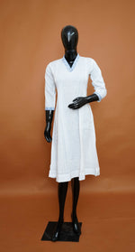 Pristine White Premium Cotton A-Line Kurta with Indigo Blue Accents  – A-Line Cotton Tops for Women (Medium - 2XL)