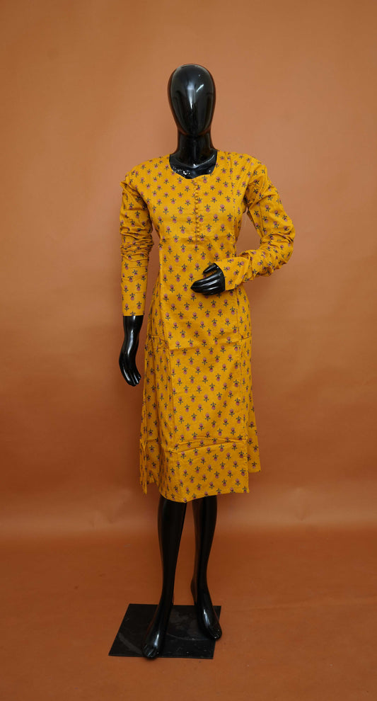 Mustard Yellow Premium Cotton Kurta with Intricate Floral Butti Print – Cotton Tops for Women (Medium - 2XL)