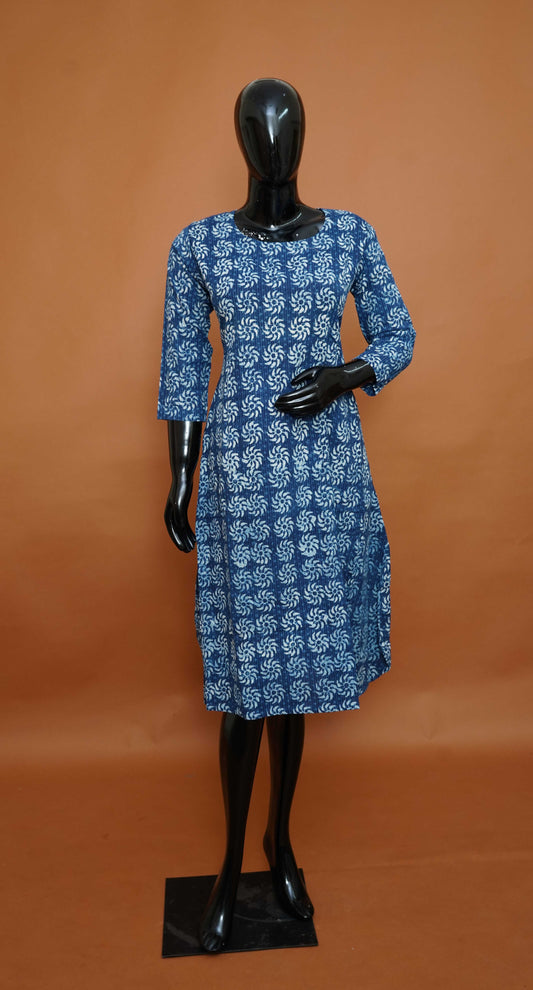 Indigo Blue Premium Cotton A-Line Kurta with White Mandala Motif – A-Line Cotton Tops for Women (Medium - 2XL)