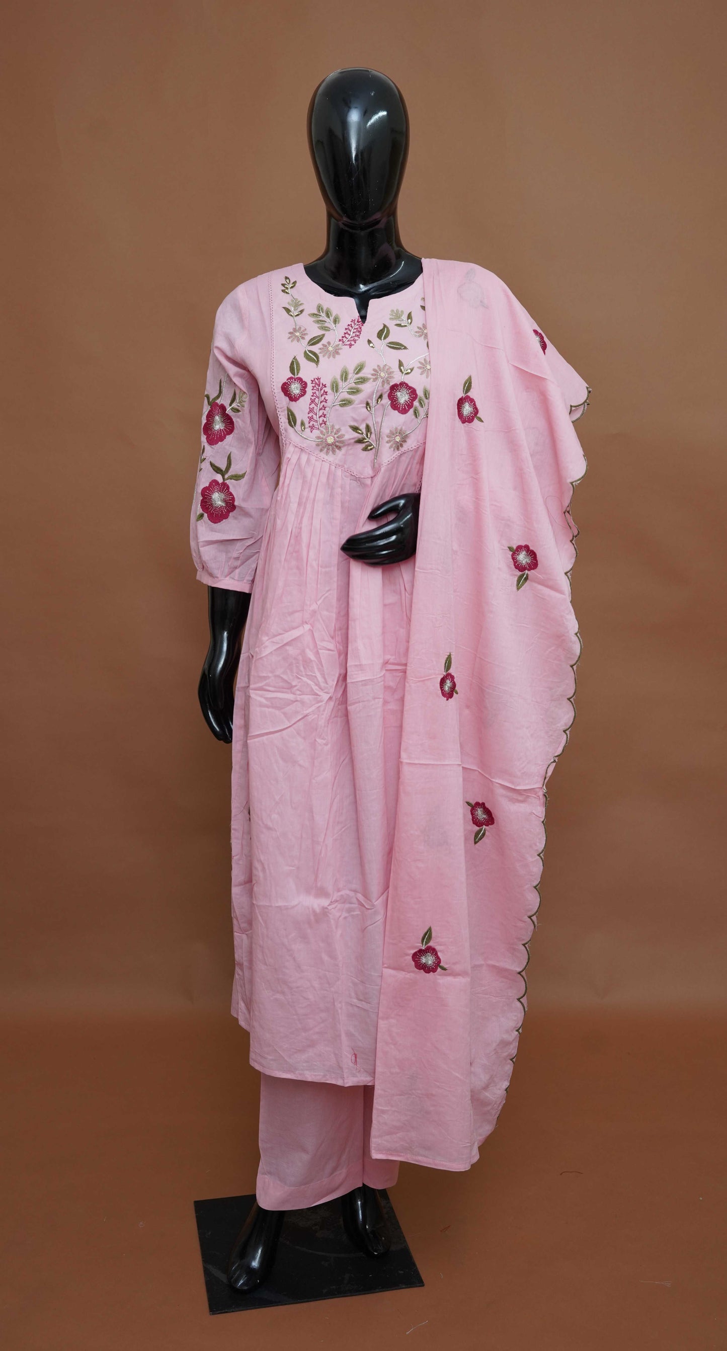 Pastel Pink Floral Embroidered Mul Cotton Anarkali Kurta Set – Medium to 2XL