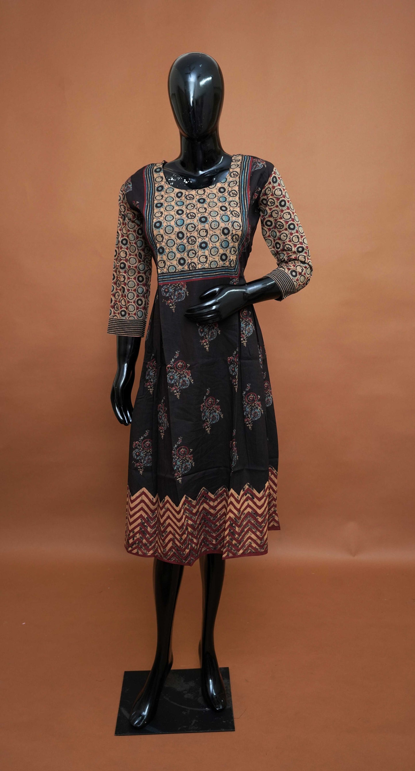 Black Ajrakh Print Cotton Frock Style Top – Medium to 2XL