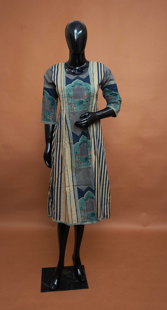 Blue and Multi Colour Ajrakh Print Cotton Frock Style Top – Medium to 2XL