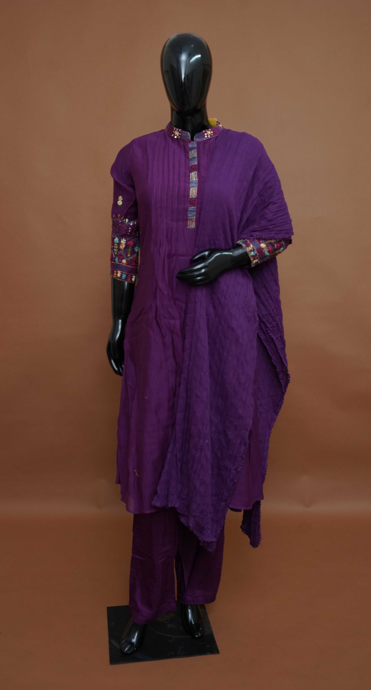 Deep Purple Hand-Embroidered Cotton Silk Pintuck Kurta Set – Medium to 2XL