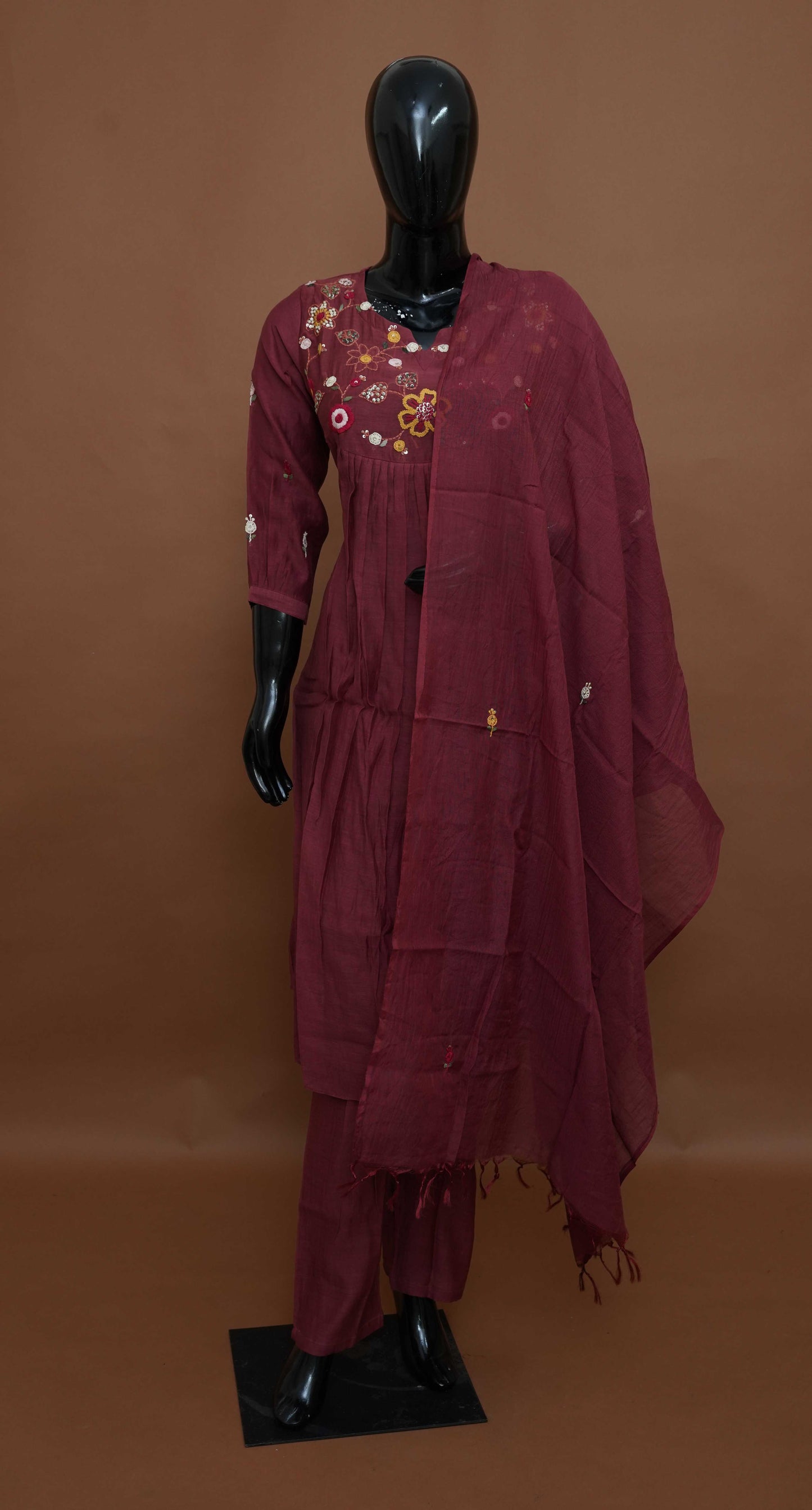 Burgundy Hand-Embroidered Mul Cotton A-Line Kurta Set with Dupatta – Medium to 2XL
