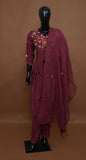 Burgundy Hand-Embroidered Mul Cotton A-Line Kurta Set with Dupatta – Medium to 2XL